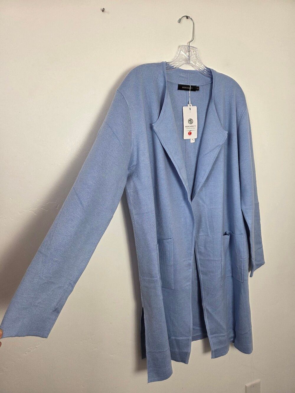 NEW Merokeety Thick Wool Blend Longline Cardigan Duster Sweater Cozy Blue Large